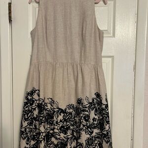 Loft Beige and Black Floral Sleeveless Women's Dress size 14 Linen/Cotton Lined